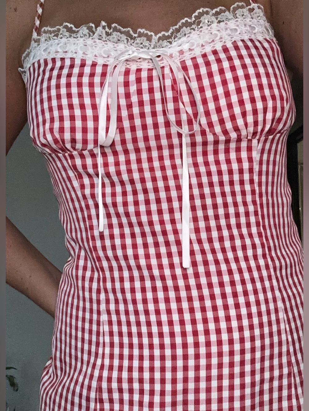 Pepper mayo Lace-Trim Red & White Gingham Dress